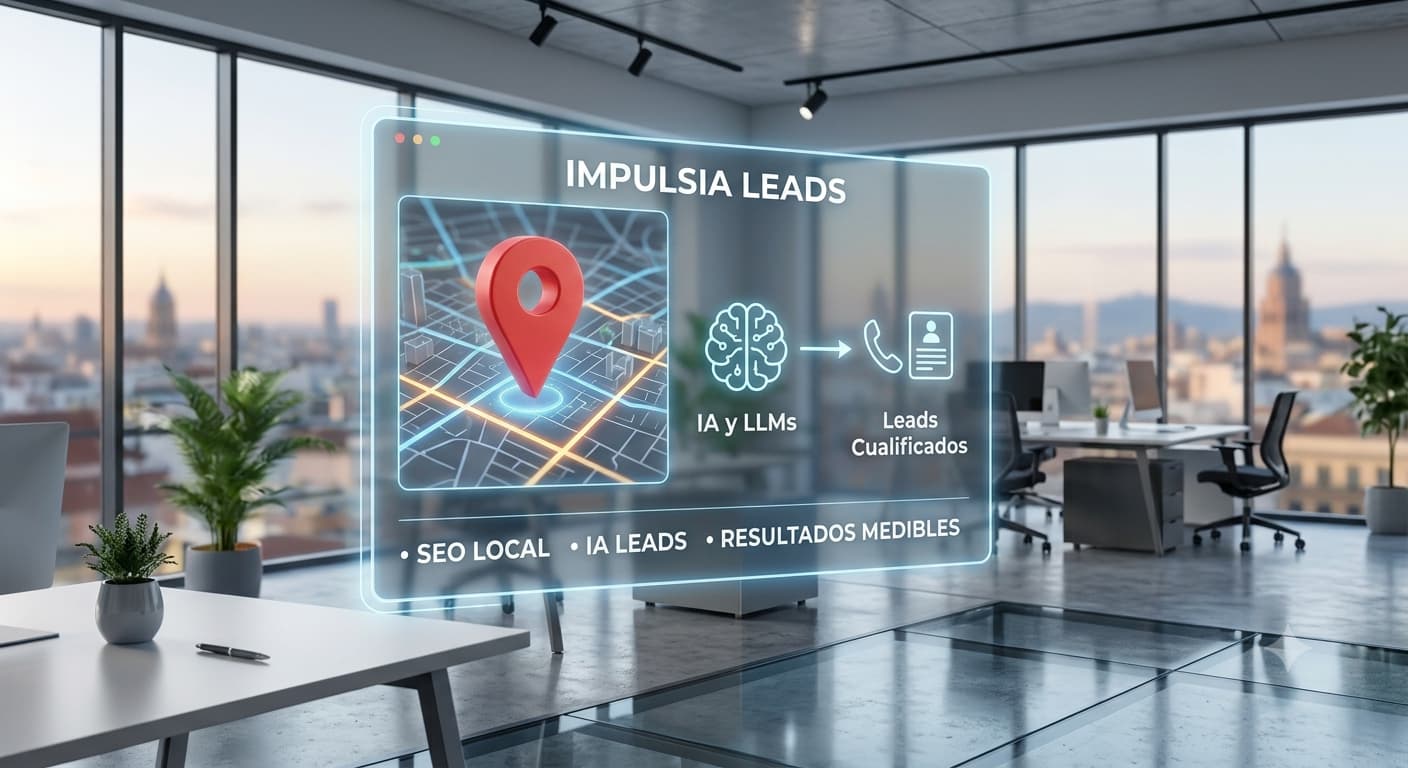 Panel holográfico de Impulsia Leads con los servicios de SEO local, IA y leads cualificados